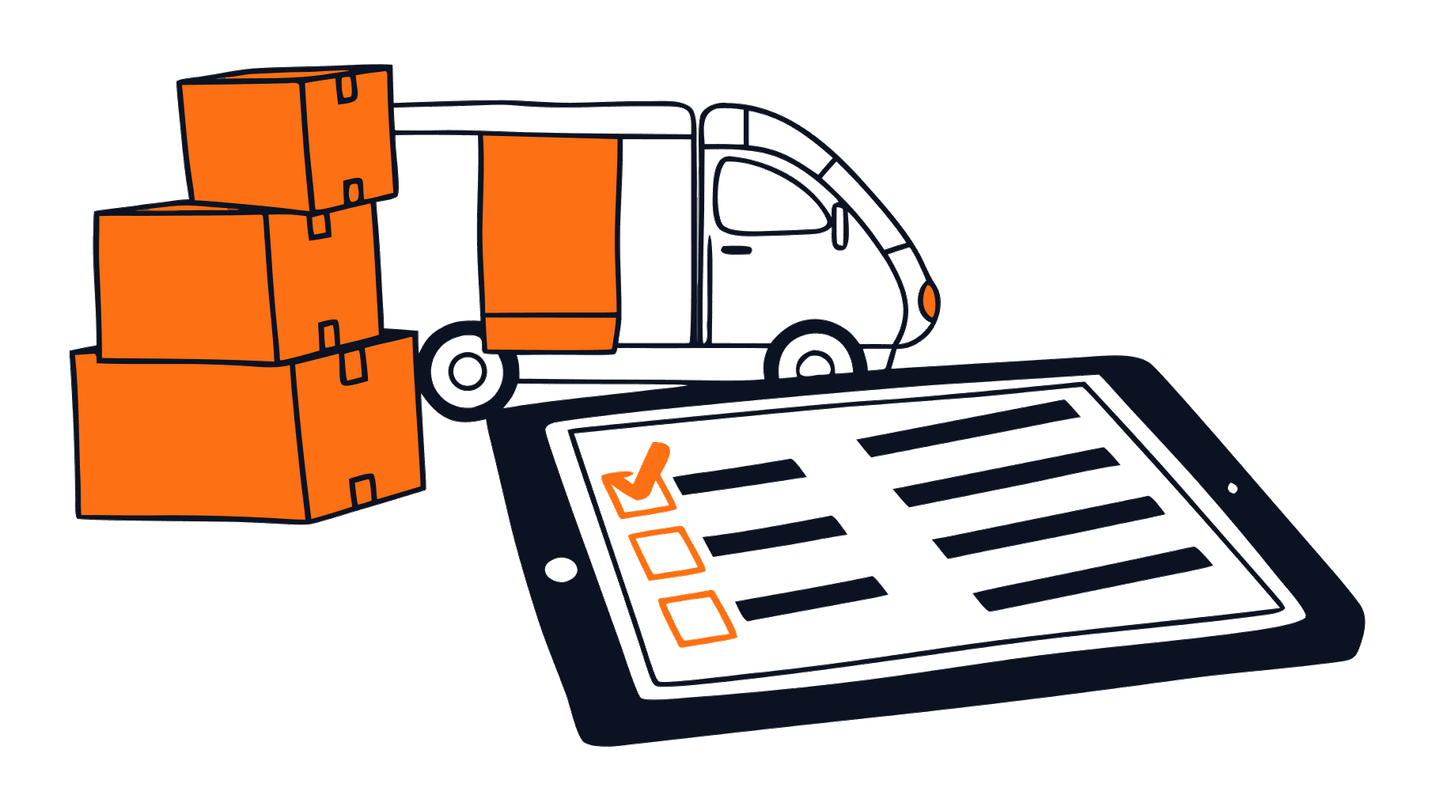 Illustrazione isometrica: van di consegna con merce, tablet che mostra un ordine, flusso dati arancione verso un server cubo SAP Business One — visualizza il principio single source of truth dalla mobilità alla ERP centrale.