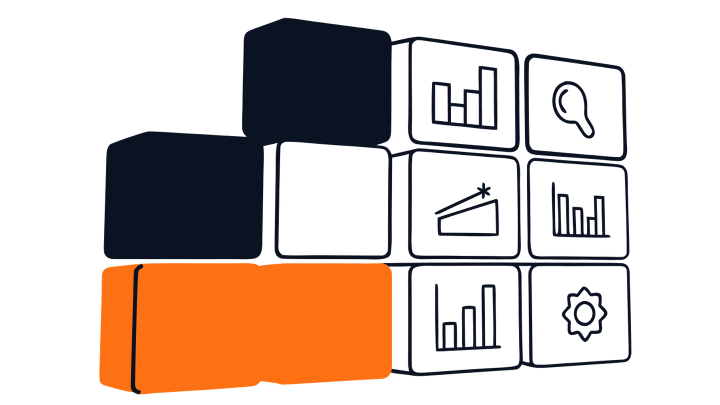 Blocchi modulari con icone di analisi e configurazione che si assemblano in una struttura